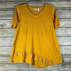 LOGO by Lori Goldstein Cotton Short Sleeve V-Neck Top w/ Ruffle Hem Mustard Med